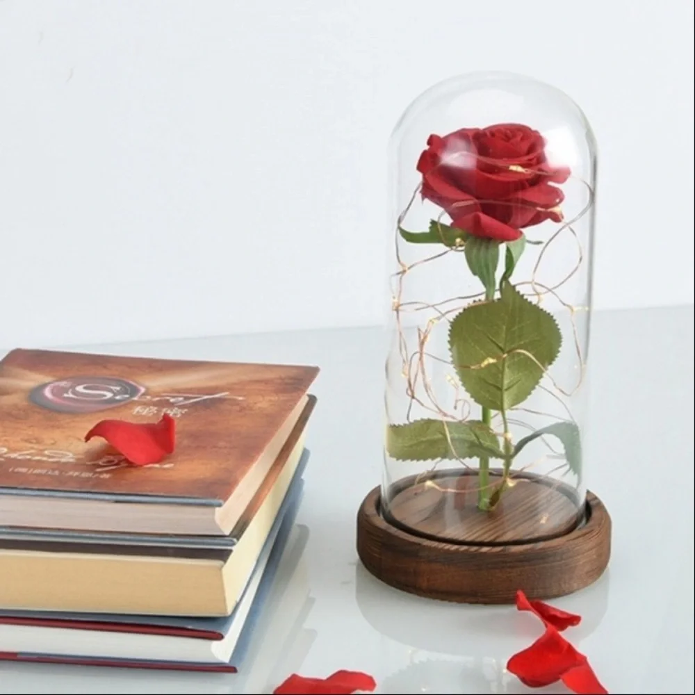 Enchanted LED Light Artificial Eternal Rose In Glass Dome With Wooden Base Decor